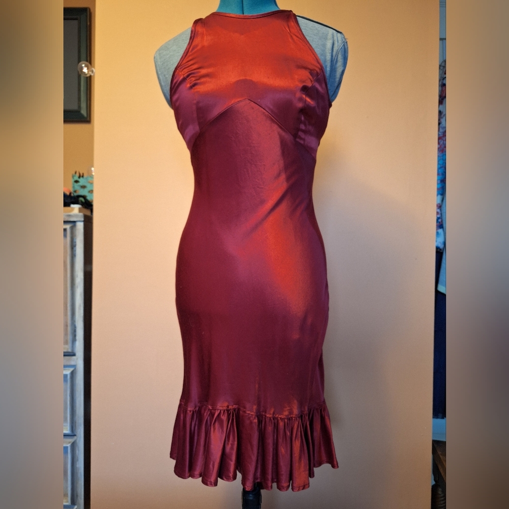 Red satin dress, high low ruffled hem